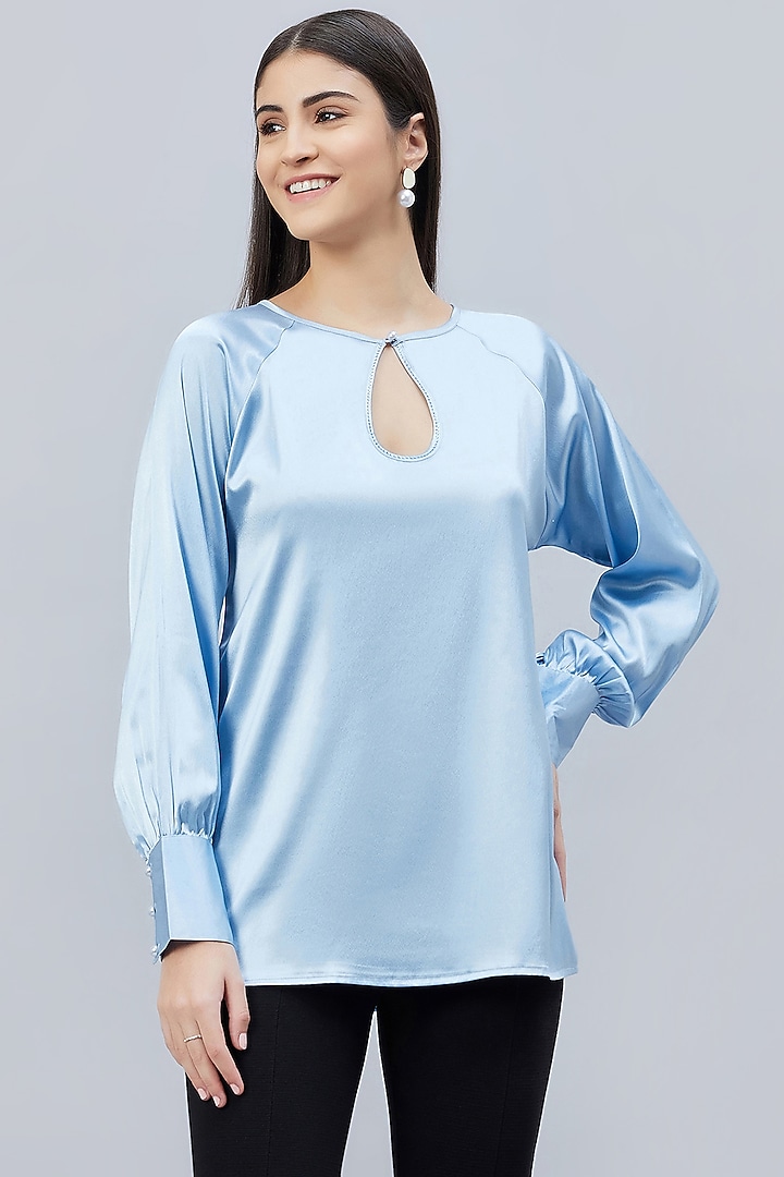 Sky Blue Polyester Satin Embellished Top by First Resort by Ramola Bachchan at Pernia's Pop Up Shop