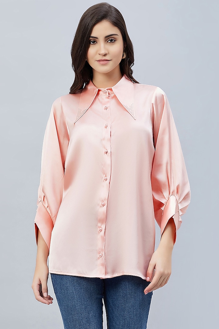 Pink Polyester Satin Embellished Shirt by First Resort by Ramola Bachchan