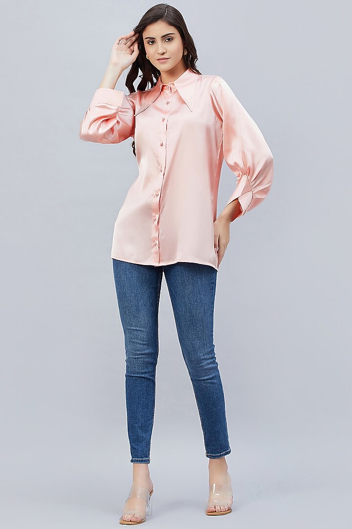 Pink Polyester Satin Embellished Shirt by First Resort by Ramola Bachchan at Pernia's Pop Up Shop