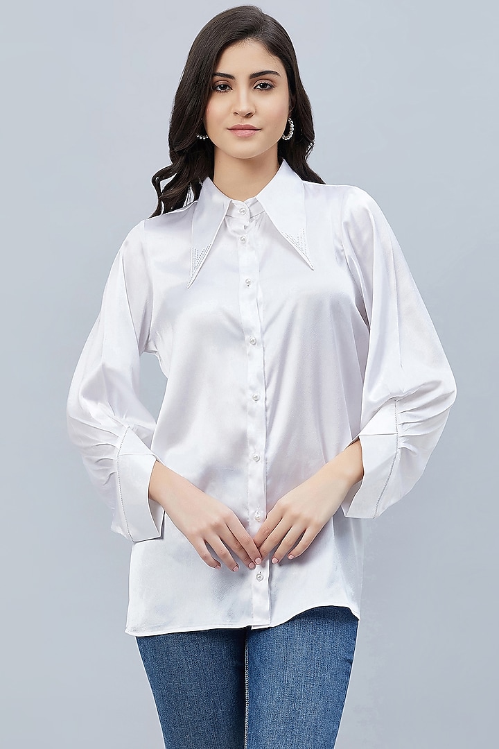 White Polyester Satin Embellished Shirt by First Resort by Ramola Bachchan