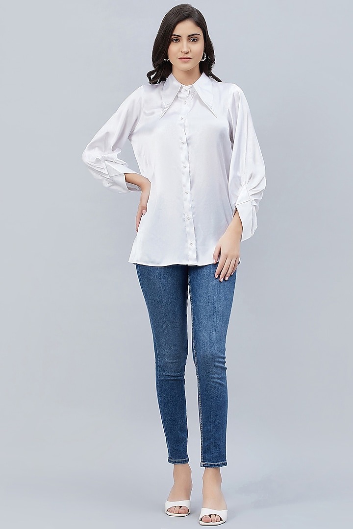 White Polyester Satin Embellished Shirt by First Resort by Ramola Bachchan at Pernia's Pop Up Shop