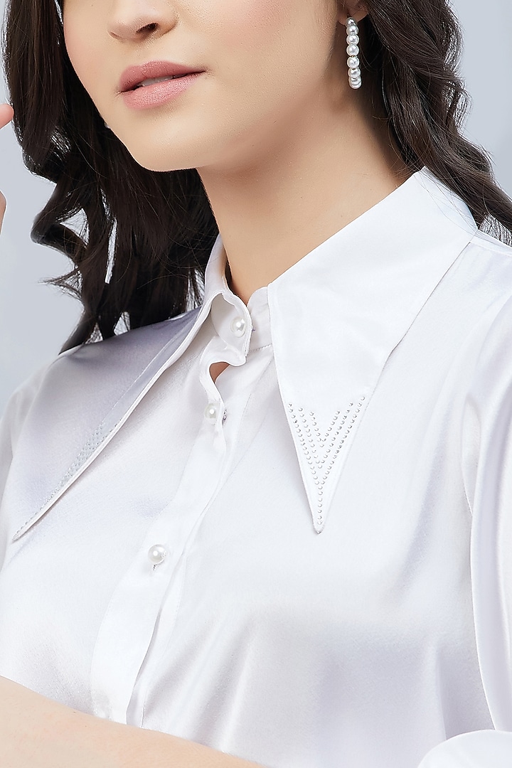 White Polyester Satin Embellished Shirt by First Resort by Ramola Bachchan at Pernia's Pop Up Shop