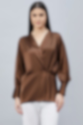 Brown Polyester Satin Embellished Wrap Top by First Resort by Ramola Bachchan