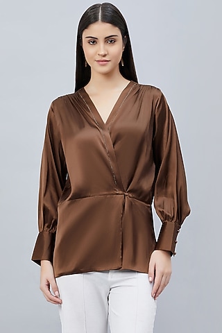 Brown Polyester Satin Embellished Wrap Top by First Resort by Ramola Bachchan