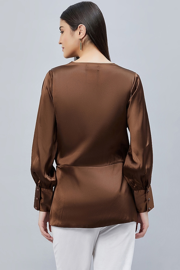 Brown Polyester Satin Embellished Wrap Top by First Resort by Ramola Bachchan at Pernia's Pop Up Shop