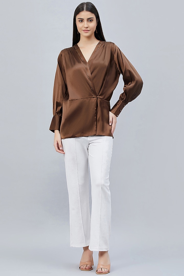 Brown Polyester Satin Embellished Wrap Top by First Resort by Ramola Bachchan at Pernia's Pop Up Shop