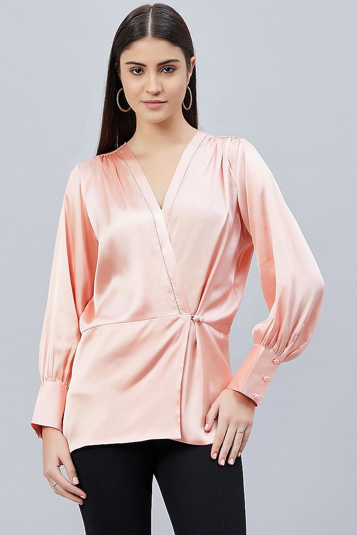 Pink Polyester Satin Embellished Wrap Top by First Resort by Ramola Bachchan