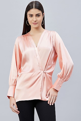 Pink Polyester Satin Embellished Wrap Top by First Resort by Ramola Bachchan
