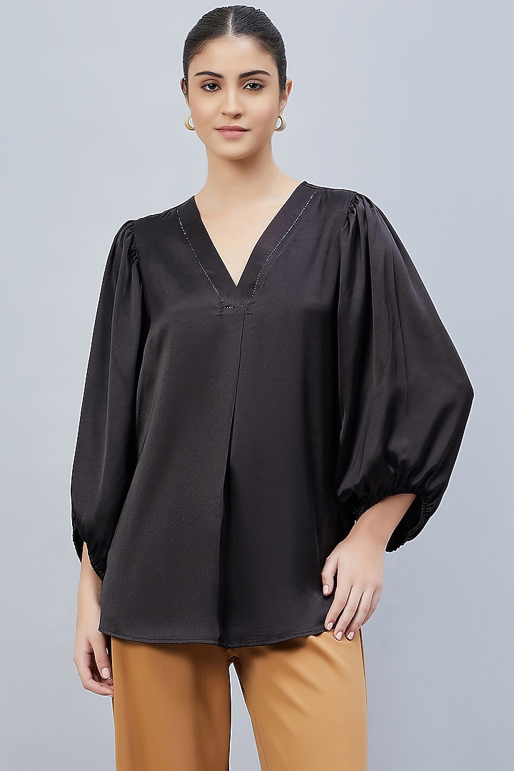 Black Polyester Satin Embellished Top by First Resort by Ramola Bachchan