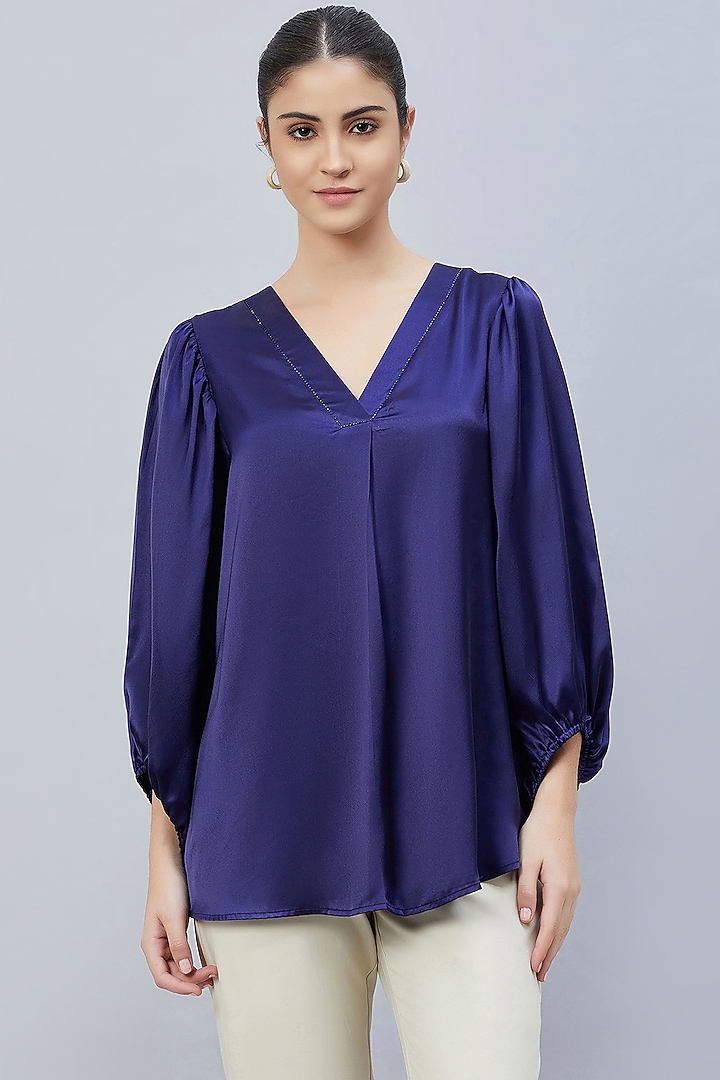 Navy Blue Polyester Satin Embellished Top by First Resort by Ramola Bachchan at Pernia's Pop Up Shop