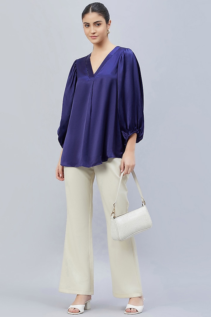 Navy Blue Polyester Satin Embellished Top by First Resort by Ramola Bachchan at Pernia's Pop Up Shop