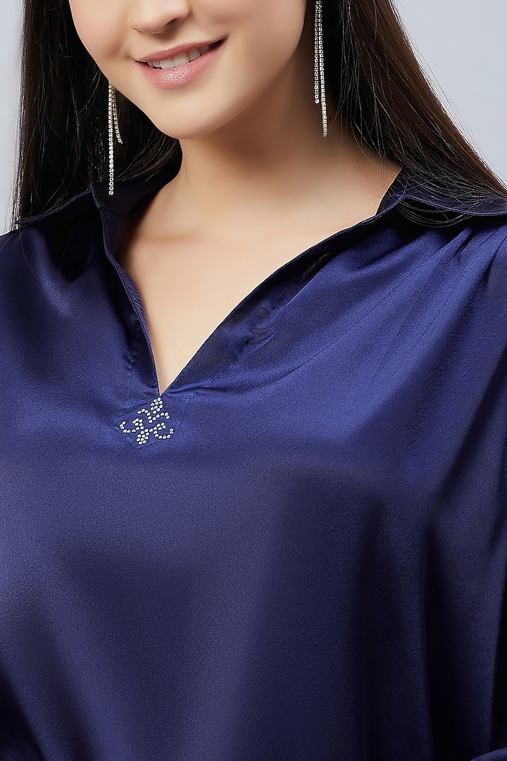 Navy Blue Polyester Satin Embellished Top Design by First Resort