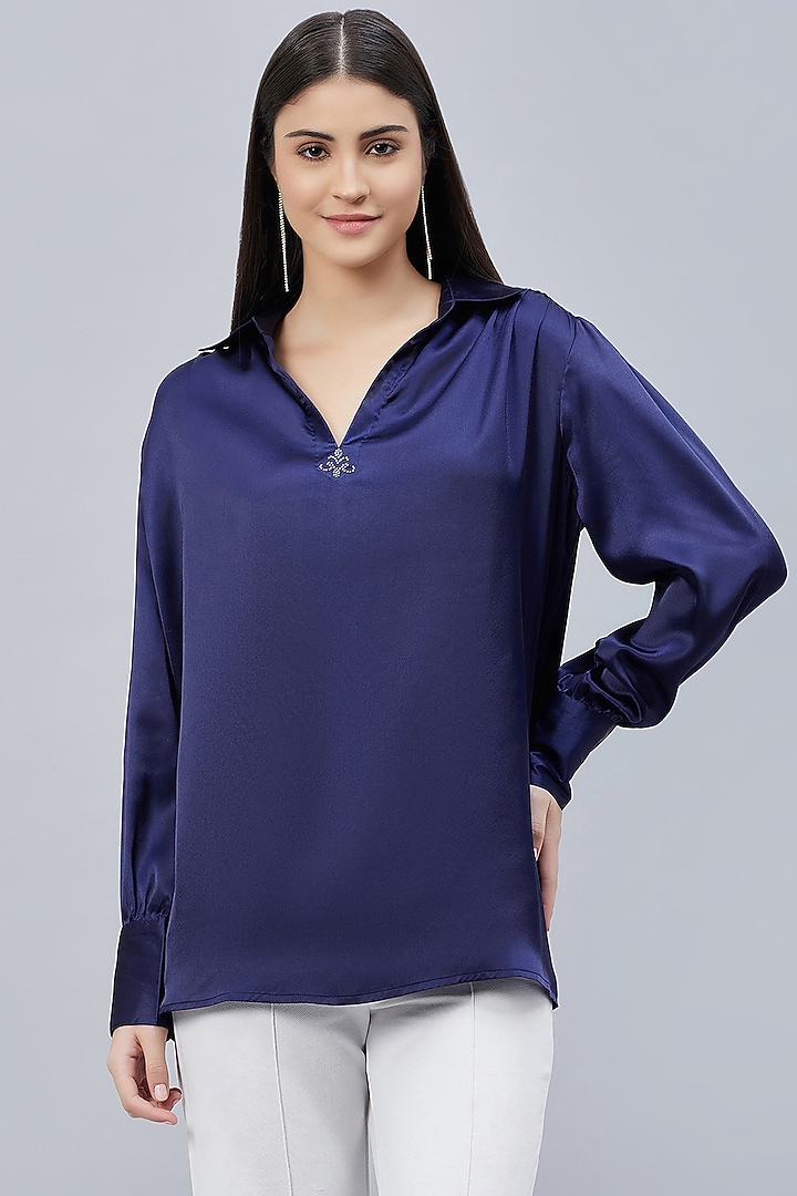 Navy Blue Polyester Satin Embellished Top by First Resort by Ramola Bachchan at Pernia's Pop Up Shop