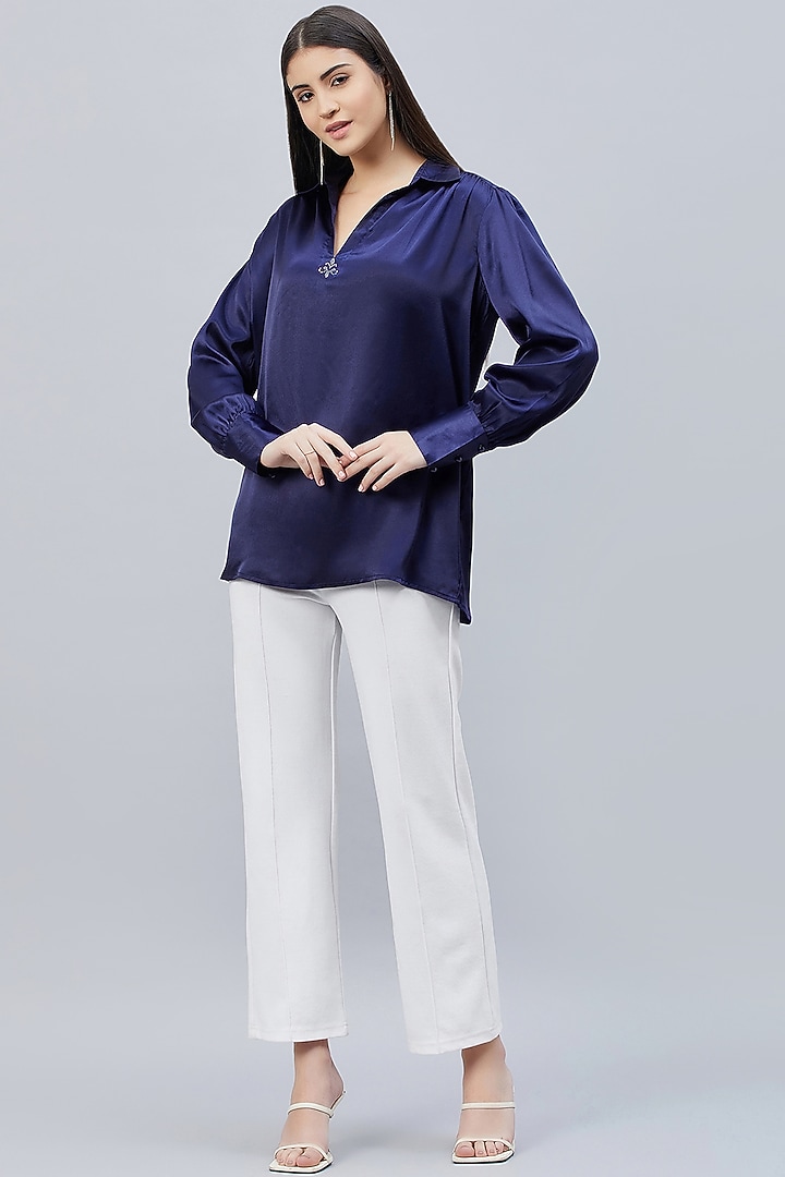 Navy Blue Polyester Satin Embellished Top by First Resort by Ramola Bachchan at Pernia's Pop Up Shop