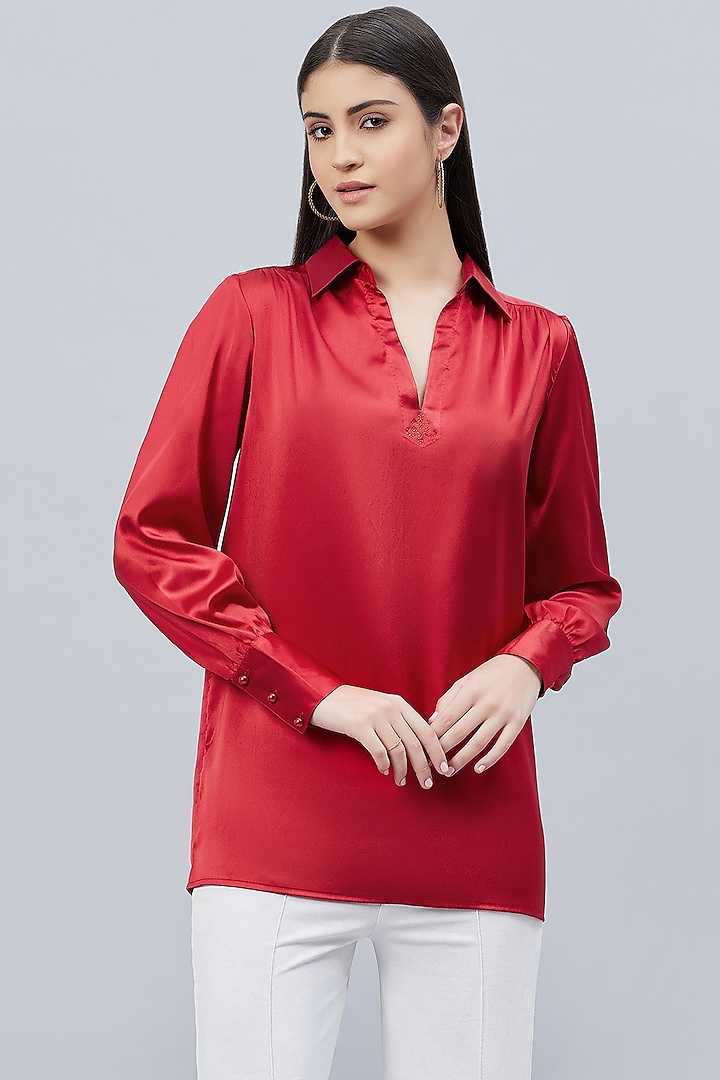 Red Polyester Satin Embellished Top by First Resort by Ramola Bachchan