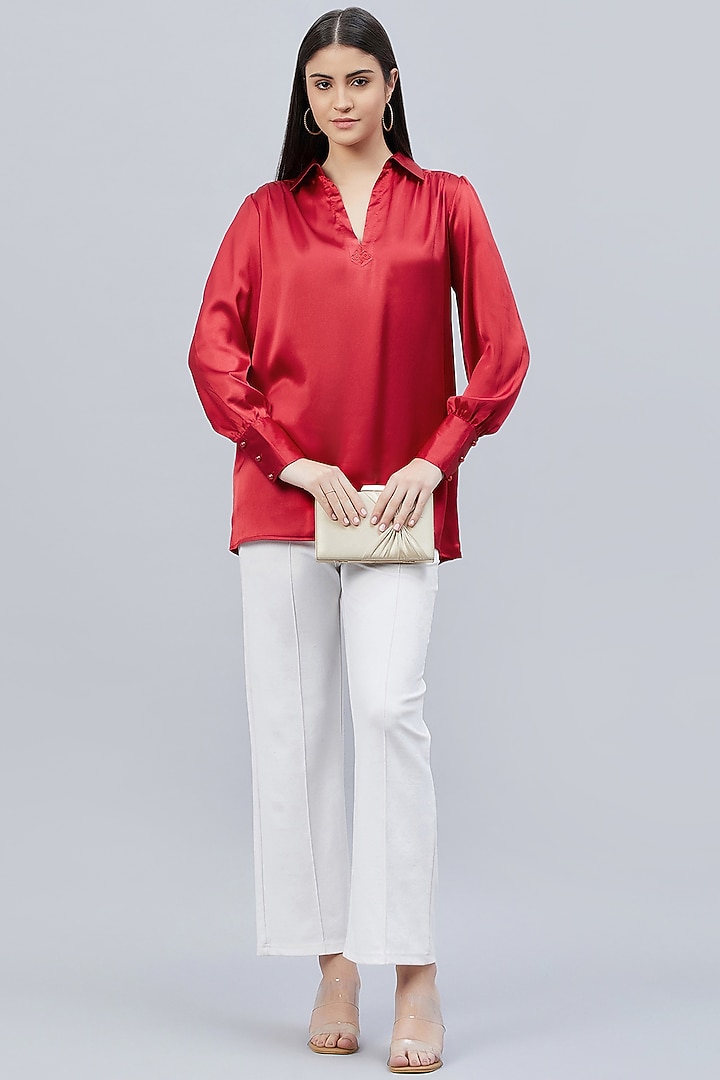 Red Polyester Satin Embellished Top by First Resort by Ramola Bachchan at Pernia's Pop Up Shop