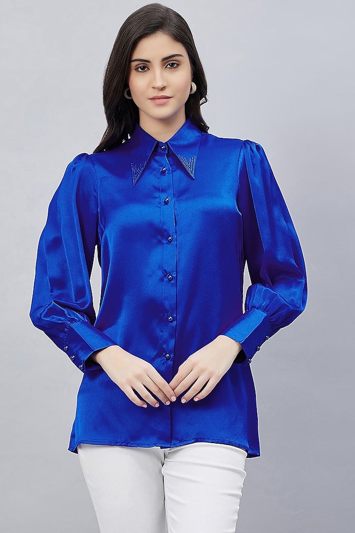 Cobalt Blue Polyester Satin Embellished Shirt by First Resort by Ramola Bachchan