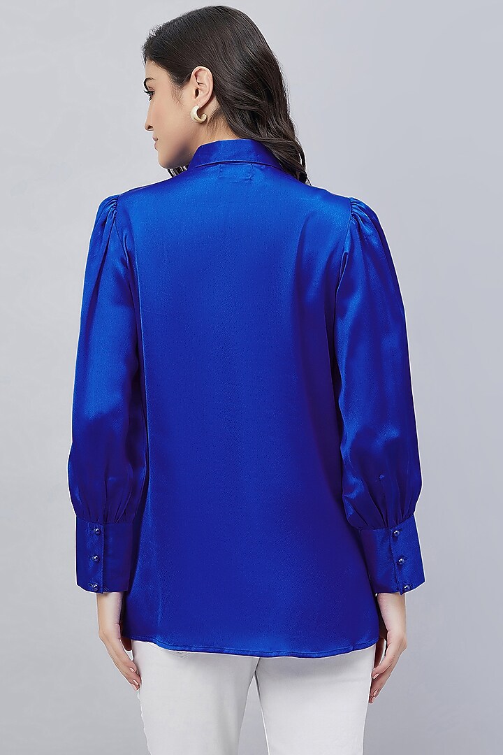 Cobalt Blue Polyester Satin Embellished Shirt by First Resort by Ramola Bachchan at Pernia's Pop Up Shop