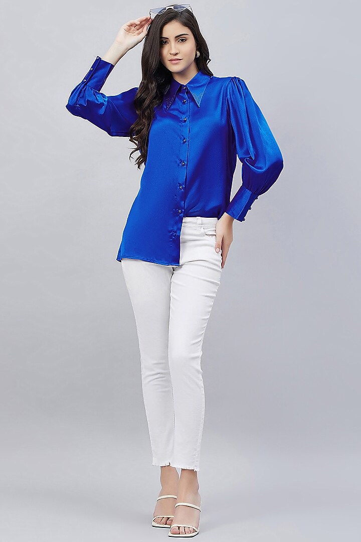 Cobalt Blue Polyester Satin Embellished Shirt by First Resort by Ramola Bachchan at Pernia's Pop Up Shop