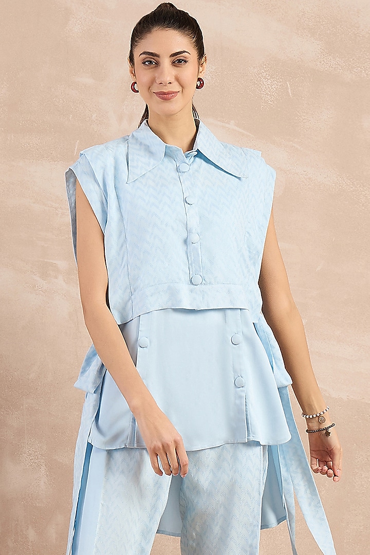 Sky Blue Herringbone Texture Cover-Up by First Resort by Ramola Bachchan at Pernia's Pop Up Shop