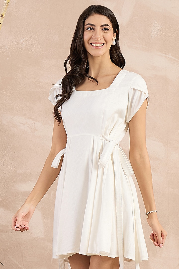 White Herringbone Flared Mini Summer Dress by First Resort by Ramola Bachchan at Pernia's Pop Up Shop