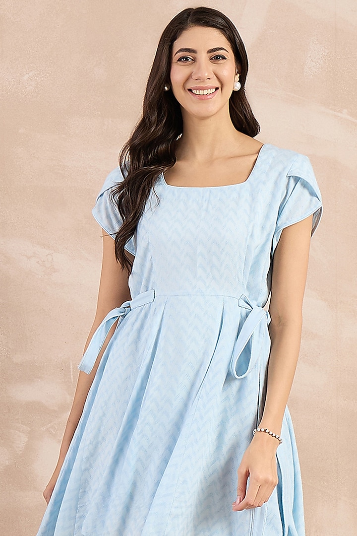 Sky Blue Herringbone Flared Mini Summer Dress by First Resort by Ramola Bachchan at Pernia's Pop Up Shop