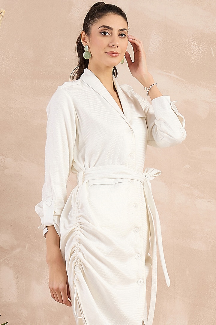 White Herringbone Texture Trench Summer Dress With Belt by First Resort by Ramola Bachchan at Pernia's Pop Up Shop