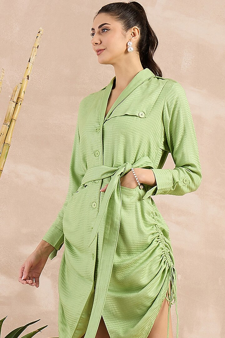 Mint Green Herringbone Texture Trench Summer Dress With Belt by First Resort by Ramola Bachchan at Pernia's Pop Up Shop