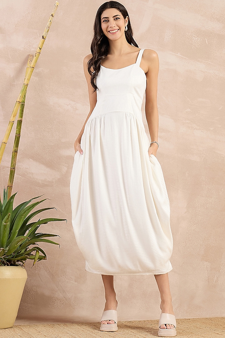 White Herringbone Pleated Sleeveless Midi Dress by First Resort by Ramola Bachchan at Pernia's Pop Up Shop