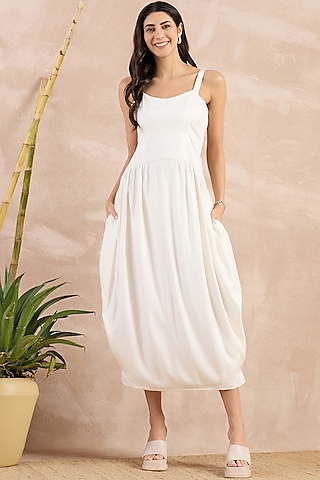 White Herringbone Pleated Sleeveless Midi Dress by First Resort by Ramola Bachchan