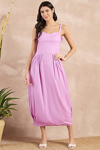Purple Herringbone Pleated Sleeveless Midi Dress by First Resort by Ramola Bachchan