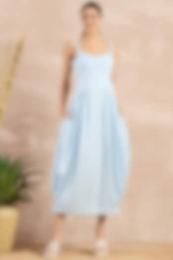 Sky Blue Herringbone Pleated Sleeveless Midi Dress by First Resort by Ramola Bachchan at Pernia's Pop Up Shop