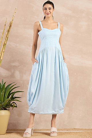 Sky Blue Herringbone Pleated Sleeveless Midi Dress by First Resort by Ramola Bachchan