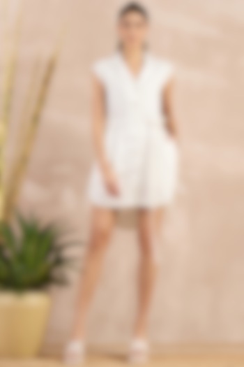 White Herringbone Trench Mini Summer Dress With Belt by First Resort by Ramola Bachchan at Pernia's Pop Up Shop