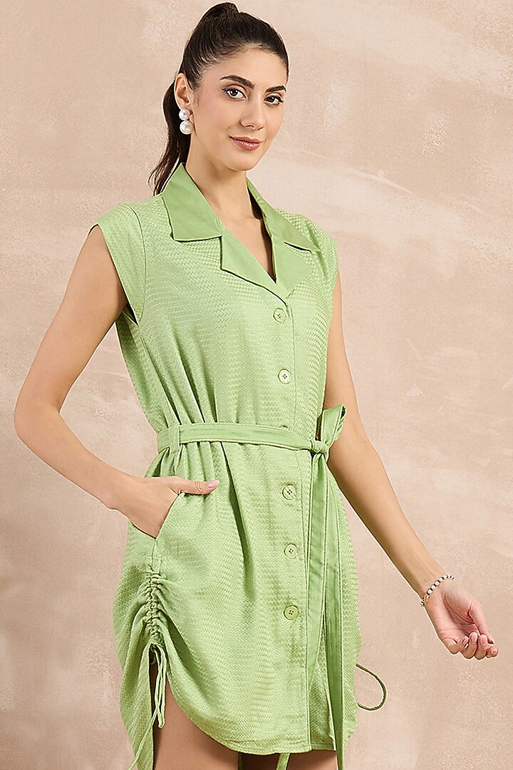 Mint Green Herringbone Trench Mini Summer Dress With Belt by First Resort by Ramola Bachchan at Pernia's Pop Up Shop