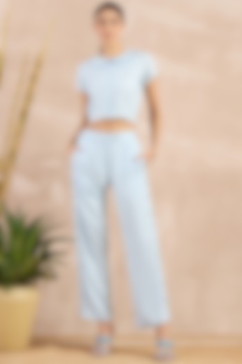 Sky Blue Aloe Vera Straight Pants by First Resort by Ramola Bachchan at Pernia's Pop Up Shop