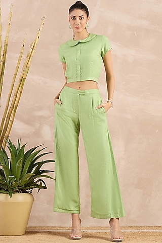 Mint Green Herringbone Flared Pants by First Resort by Ramola Bachchan