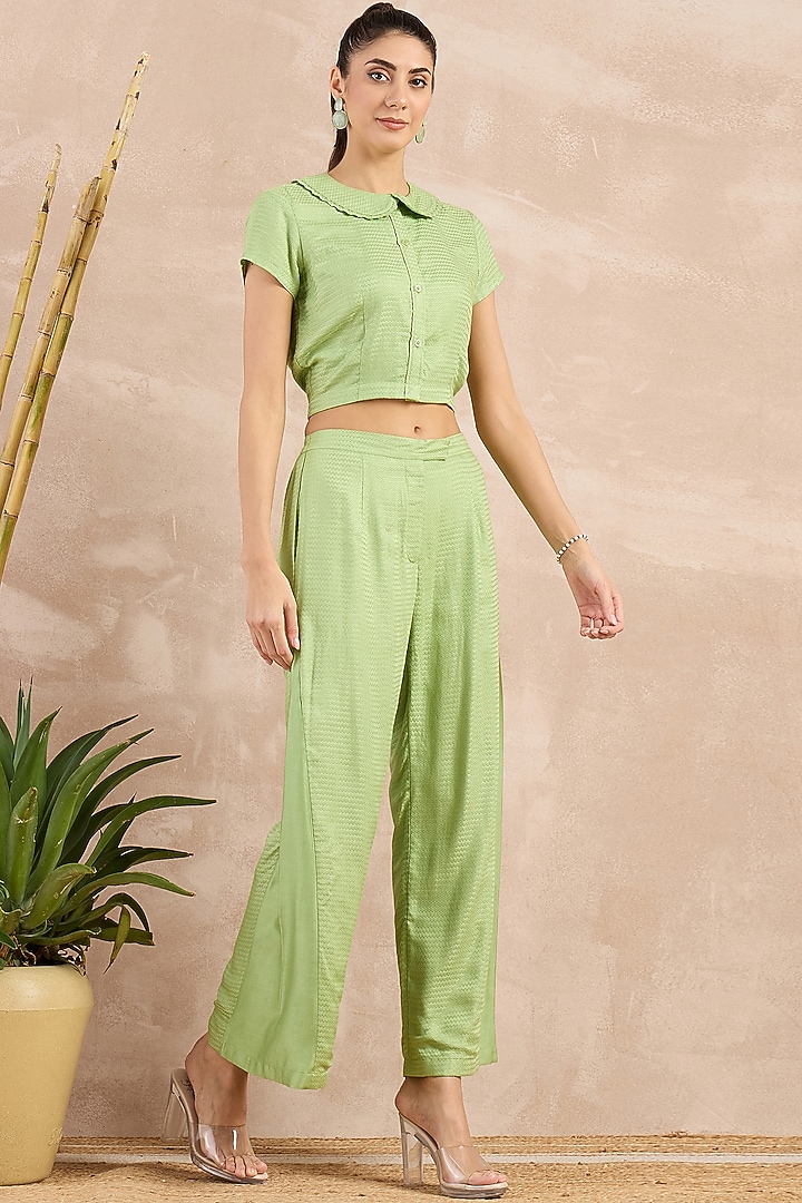 Mint Green Herringbone Flared Pants by First Resort by Ramola Bachchan at Pernia's Pop Up Shop