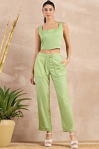Mint Green Herringbone Straight Trousers by First Resort by Ramola Bachchan