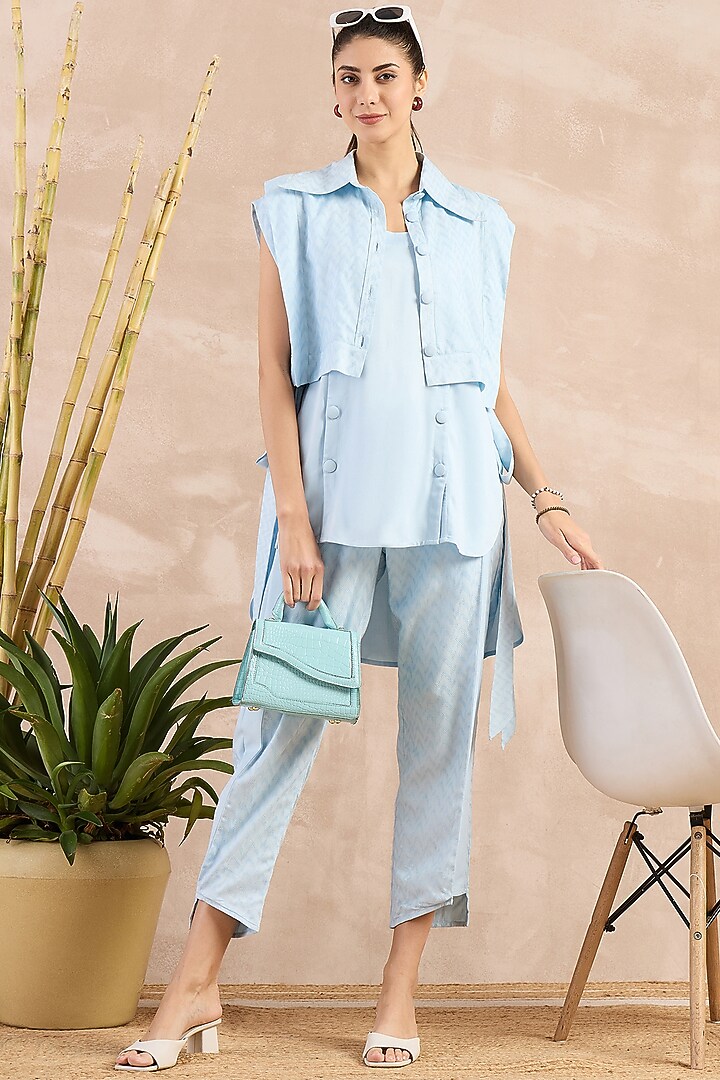Sky Blue Herringbone Co-Ord Set by First Resort by Ramola Bachchan at Pernia's Pop Up Shop