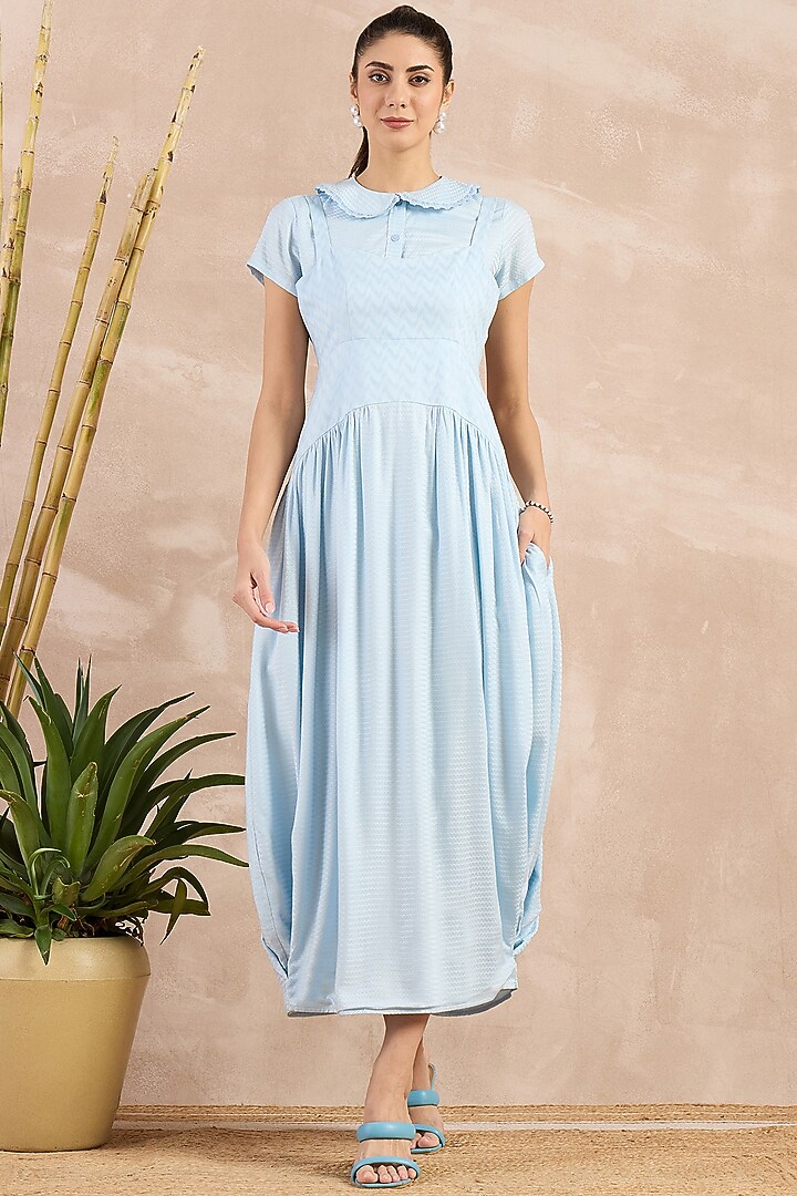 Sky Blue Herringbone Midi Vacation Dress With Shirt by First Resort by Ramola Bachchan at Pernia's Pop Up Shop