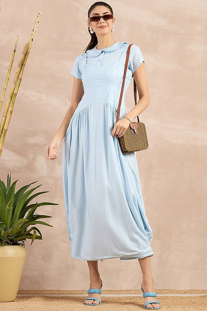 Sky Blue Herringbone Midi Vacation Dress With Shirt by First Resort by Ramola Bachchan at Pernia's Pop Up Shop