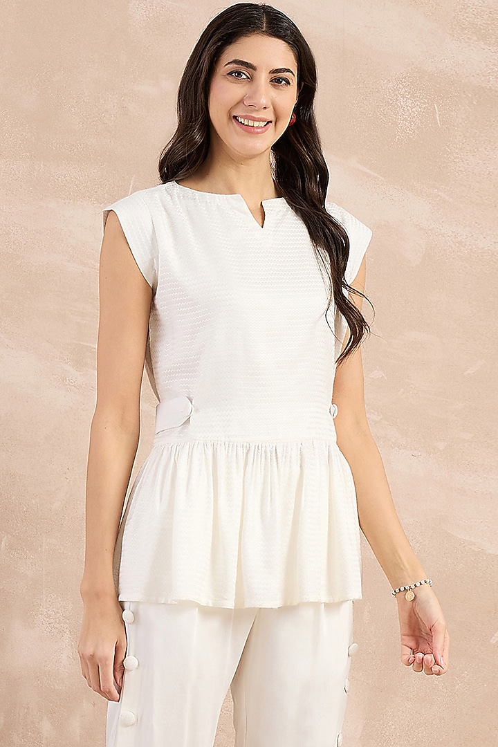 White Herringbone Peplum Silhouette Top by First Resort by Ramola Bachchan at Pernia's Pop Up Shop