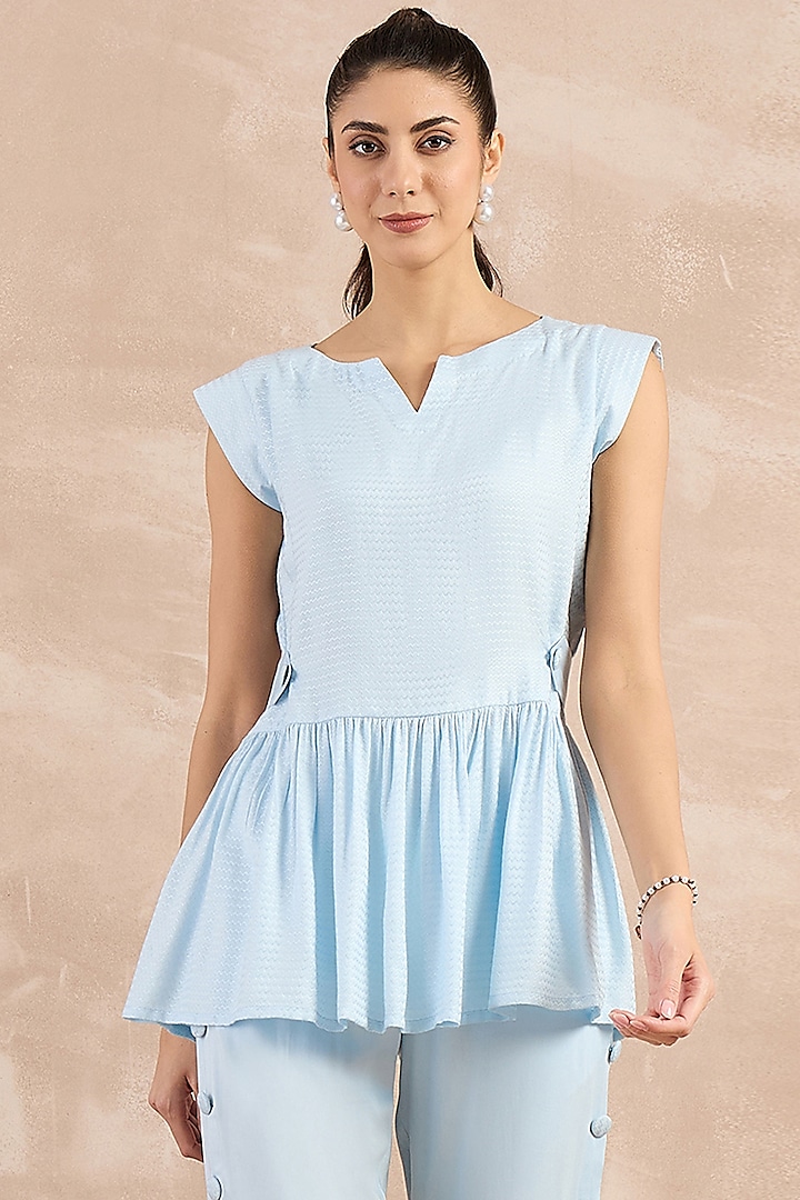 Sky Blue Herringbone Peplum Silhouette Top by First Resort by Ramola Bachchan at Pernia's Pop Up Shop