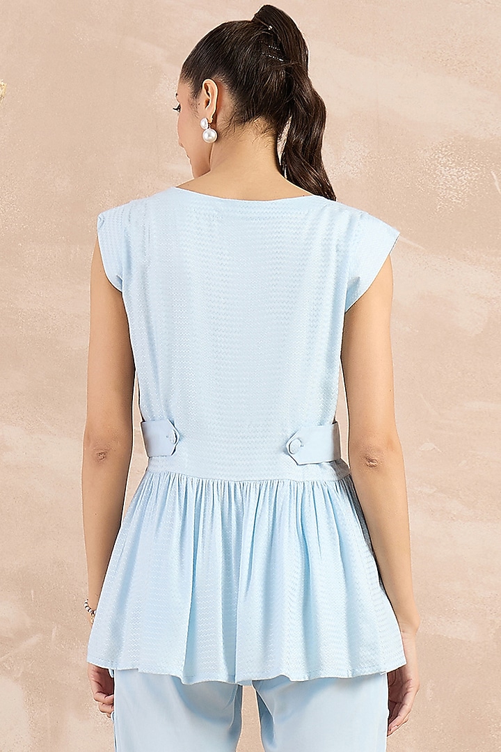 Sky Blue Herringbone Peplum Silhouette Top by First Resort by Ramola Bachchan at Pernia's Pop Up Shop