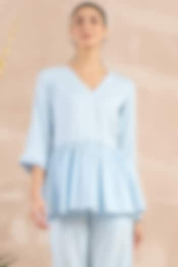 Sky Blue Herringbone Frilled Peplum Top by First Resort by Ramola Bachchan at Pernia's Pop Up Shop