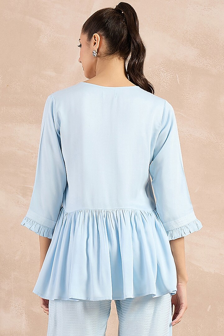 Sky Blue Herringbone Frilled Peplum Top by First Resort by Ramola Bachchan at Pernia's Pop Up Shop