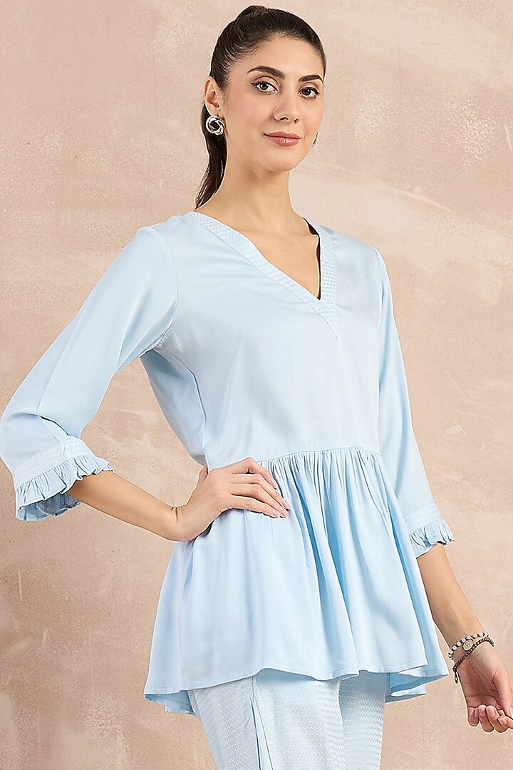Sky Blue Herringbone Frilled Peplum Top by First Resort by Ramola Bachchan at Pernia's Pop Up Shop