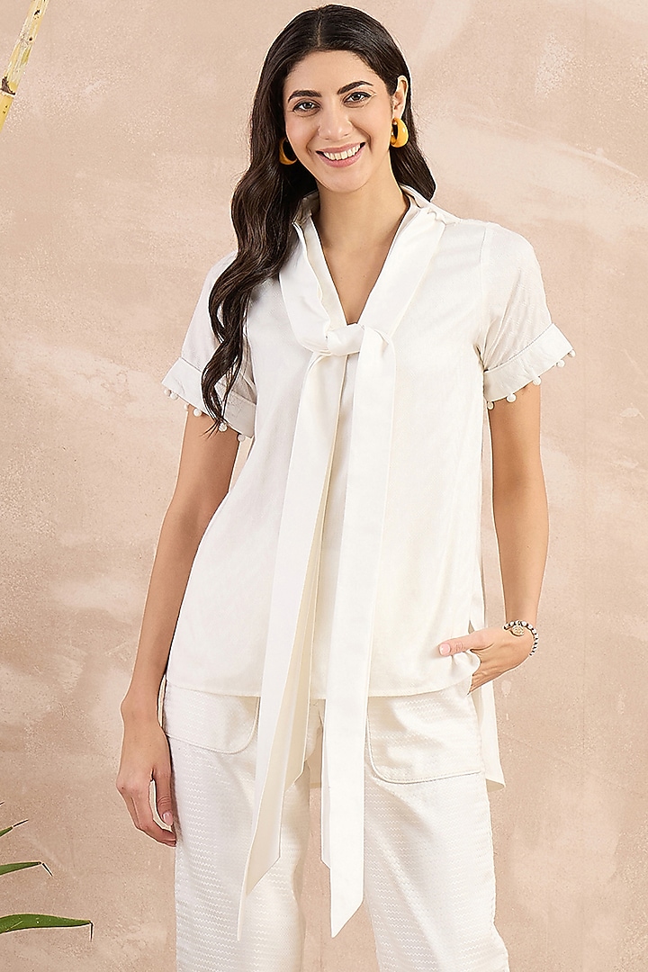 White Herringbone High-Low Top With Belt by First Resort by Ramola Bachchan at Pernia's Pop Up Shop