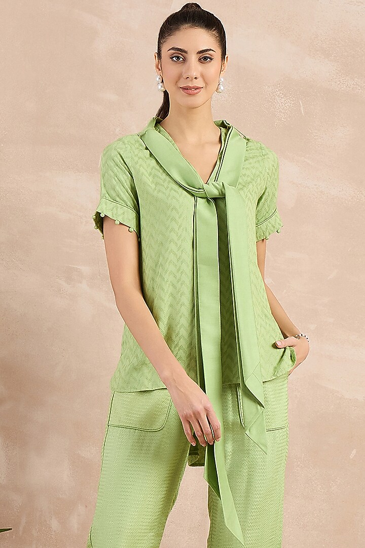 Mint Green Herringbone High-Low Top With Belt by First Resort by Ramola Bachchan at Pernia's Pop Up Shop